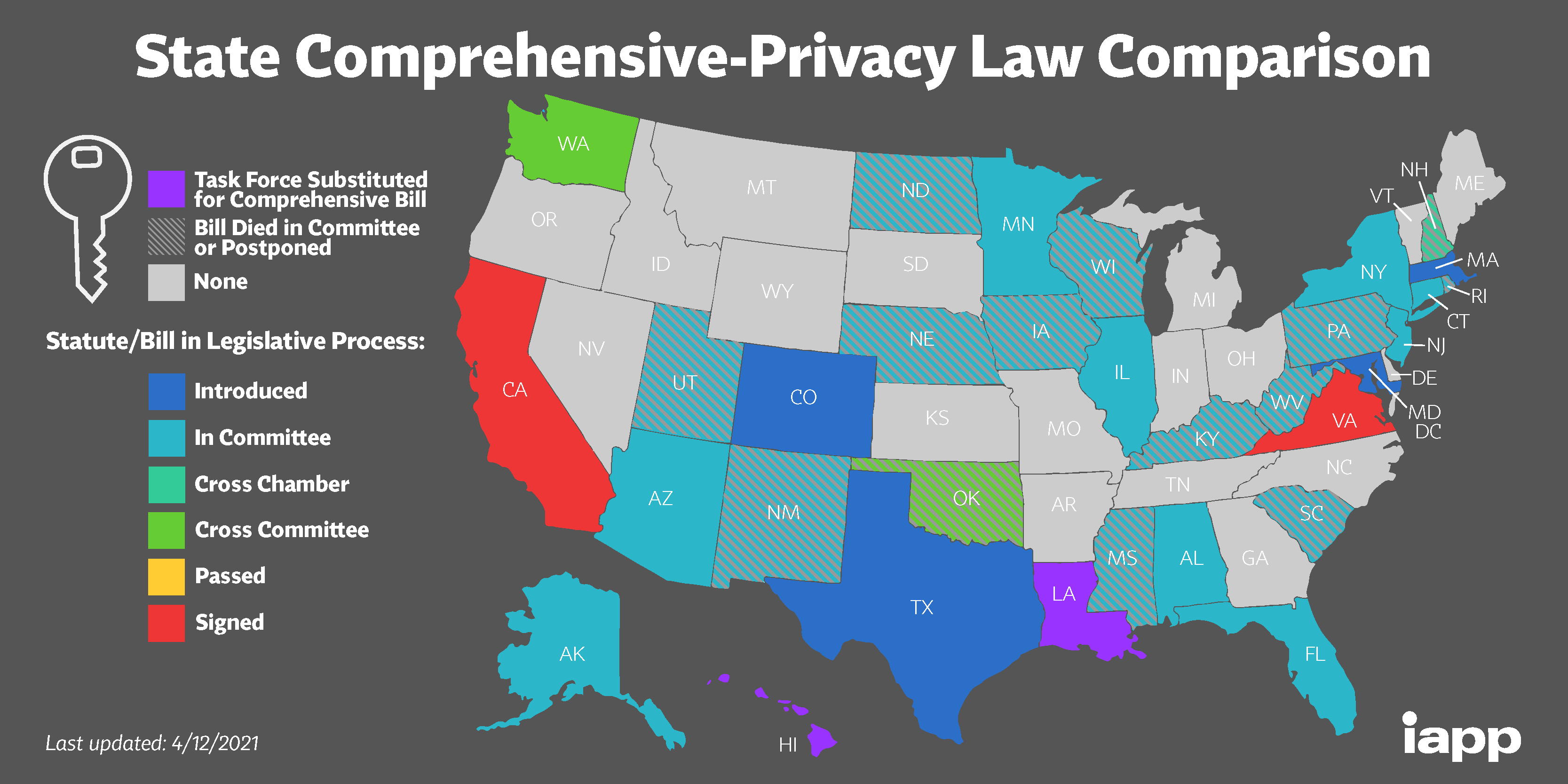 美国颜色编码地图显示哪些州正在制定综合数据隐私法